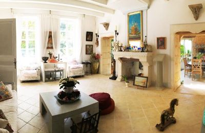 Herregård til salg Gémozac, Nouvelle-Aquitaine, Der Wohnraum mit offenem Kamin und Zugang zum Wintergarten