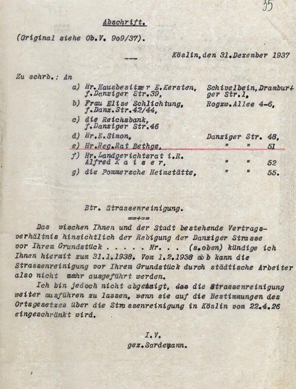 Historisches Schriftstück Villa Koszalin, Danziger Straße 51
