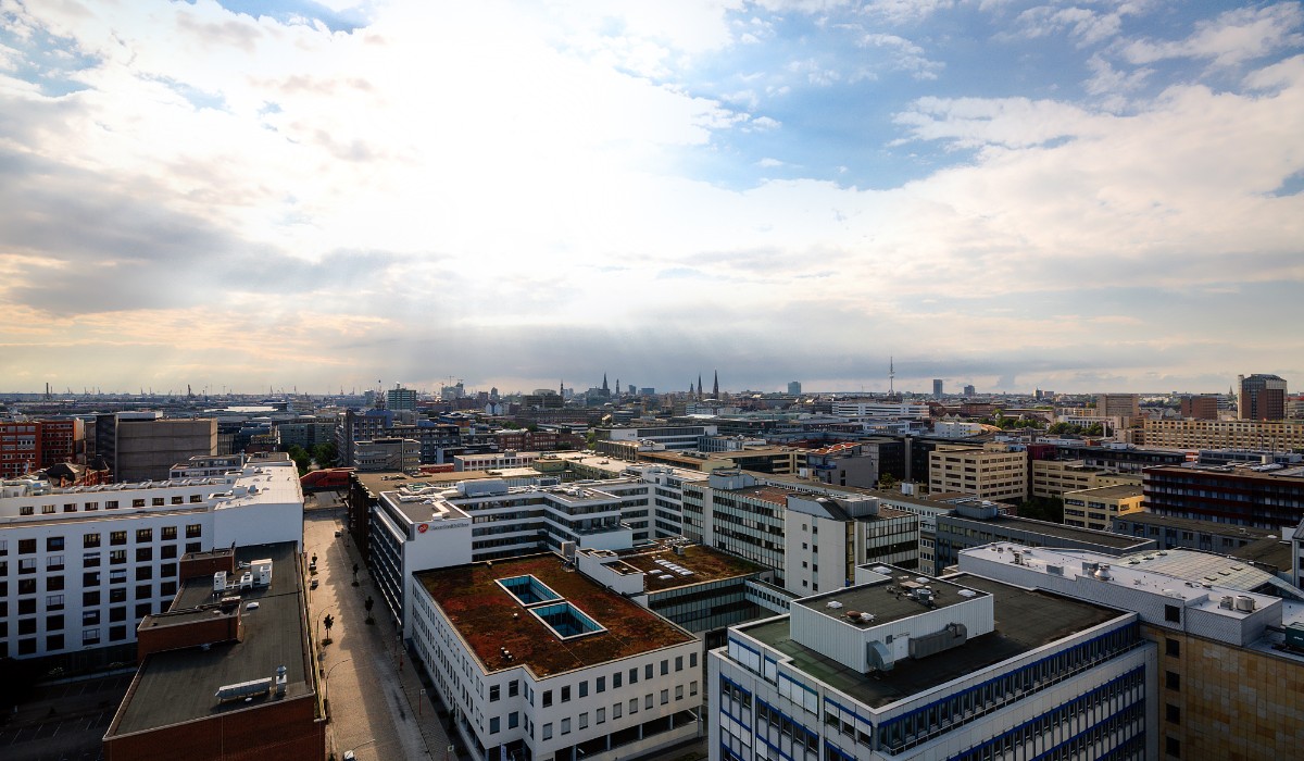 City Roofs in Hamburg, Direction Elbe Lake,  former Tower Building "Sachsenburg", Hamburg